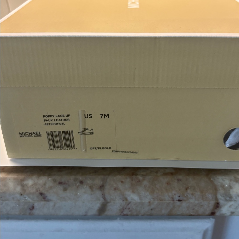 Michael Kors Poppy LaceUp Faux Leather White Sneakers w/ Gold Eyelets & MK Logo - Picture 6 of 6